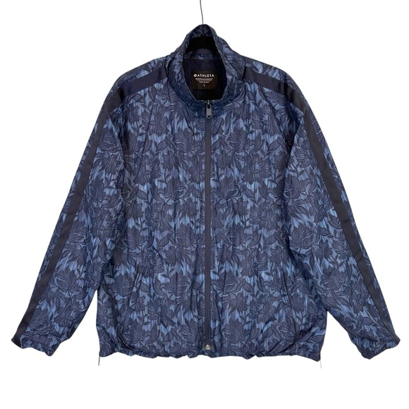 Athleta Sightseer Lace Jacket Navy Blue Floral Mesh Zip Bomber Windbreaker Large - Picture 1 of 14